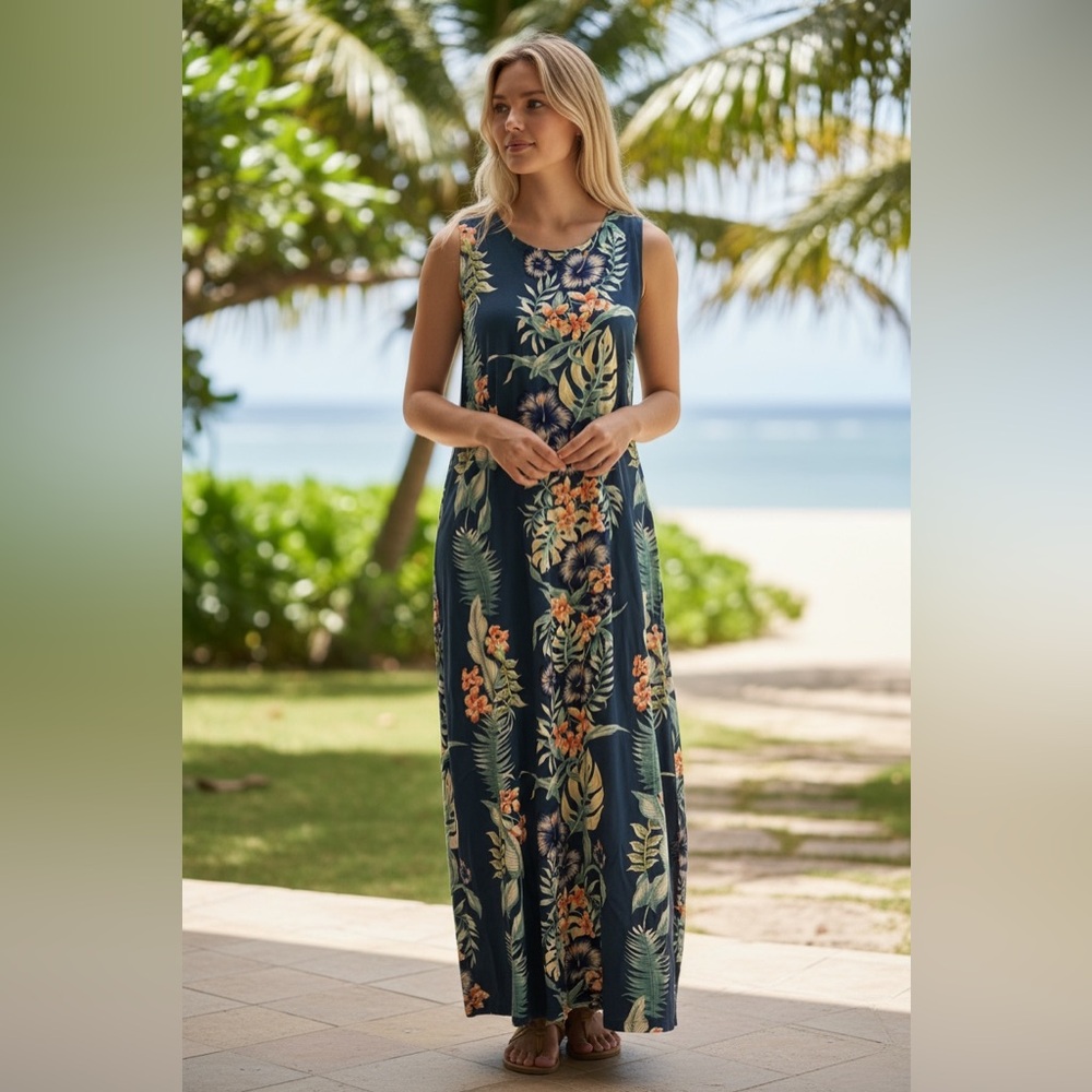 Hibiscus Collection Hawaii Floral Maxi Dress in Blue and Green
